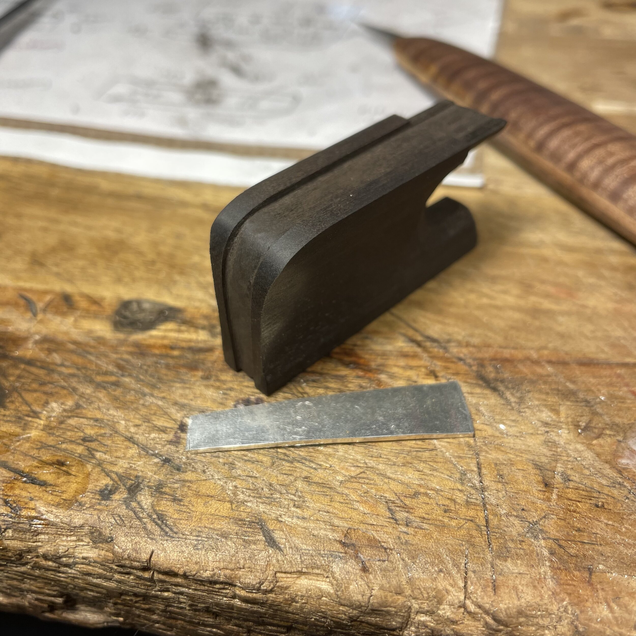 The slide channel on the top and the heel plate channel along the back are then chiseled out. The slide channels depth is about 1.5 mm and the heel plate channel is .5 mm deep
