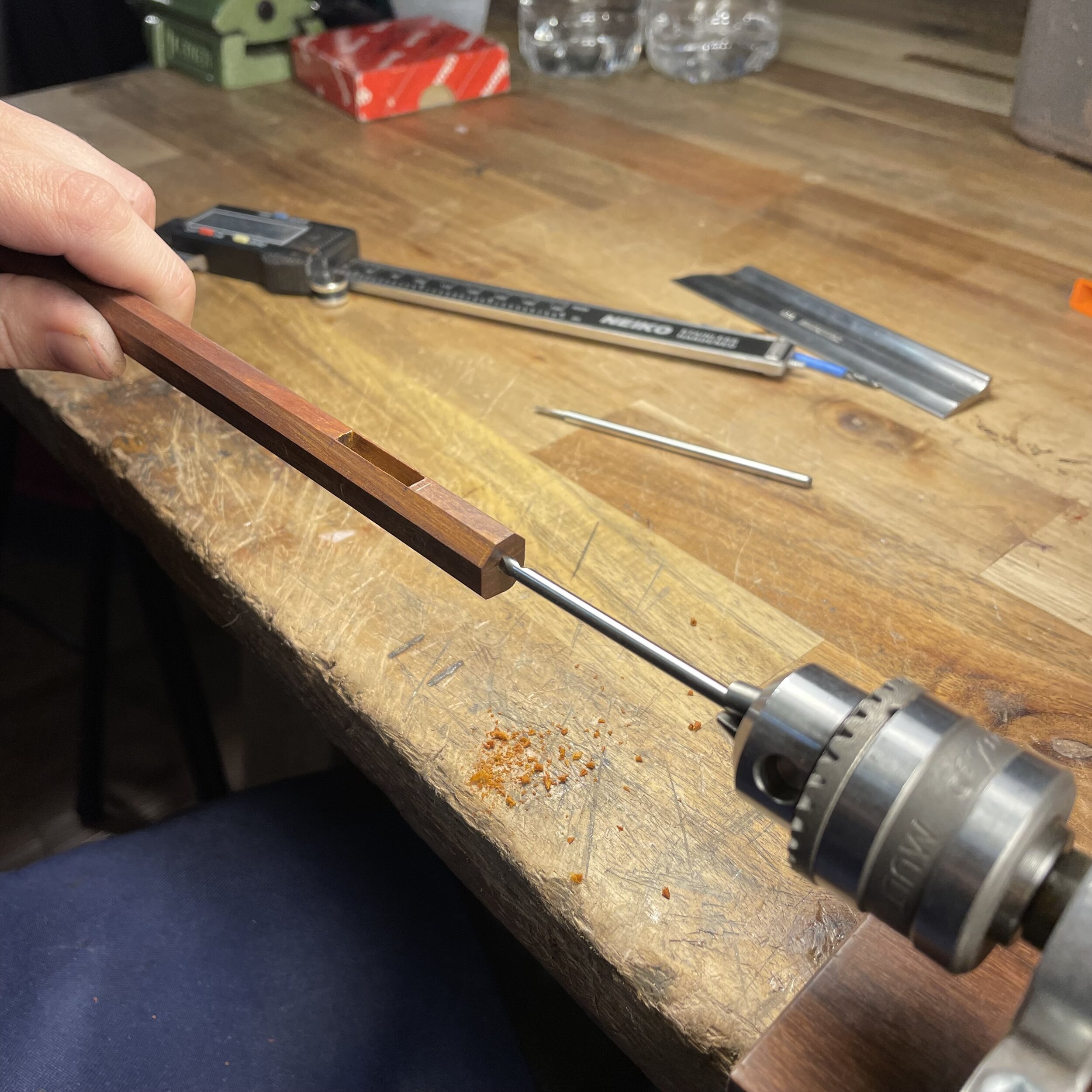 The stick mortis is then drilled out on the bottom facet of the stick. After which the end is drilled out. This will house our eyelet and screw which is the mechanism that enables us to tension our bows.