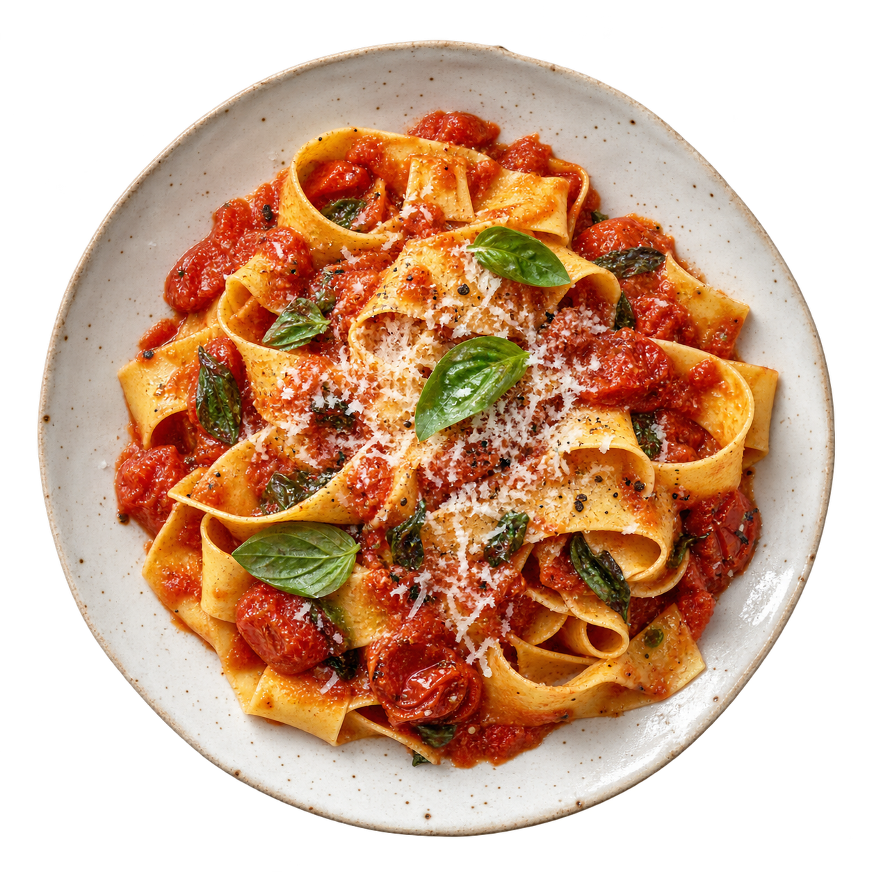 A plate of pappardelle with roasted tomatoes and basil