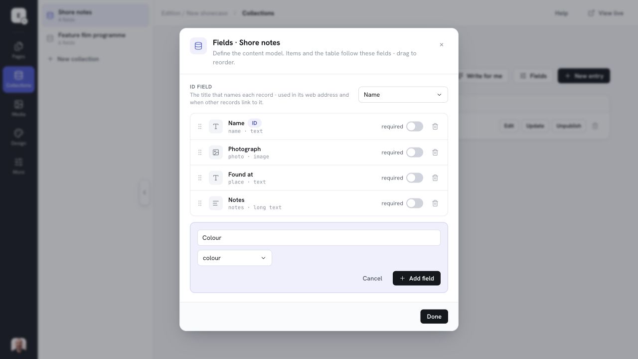 Actual Edition.pm field controls: a new Colour field ready to add to Shore notes