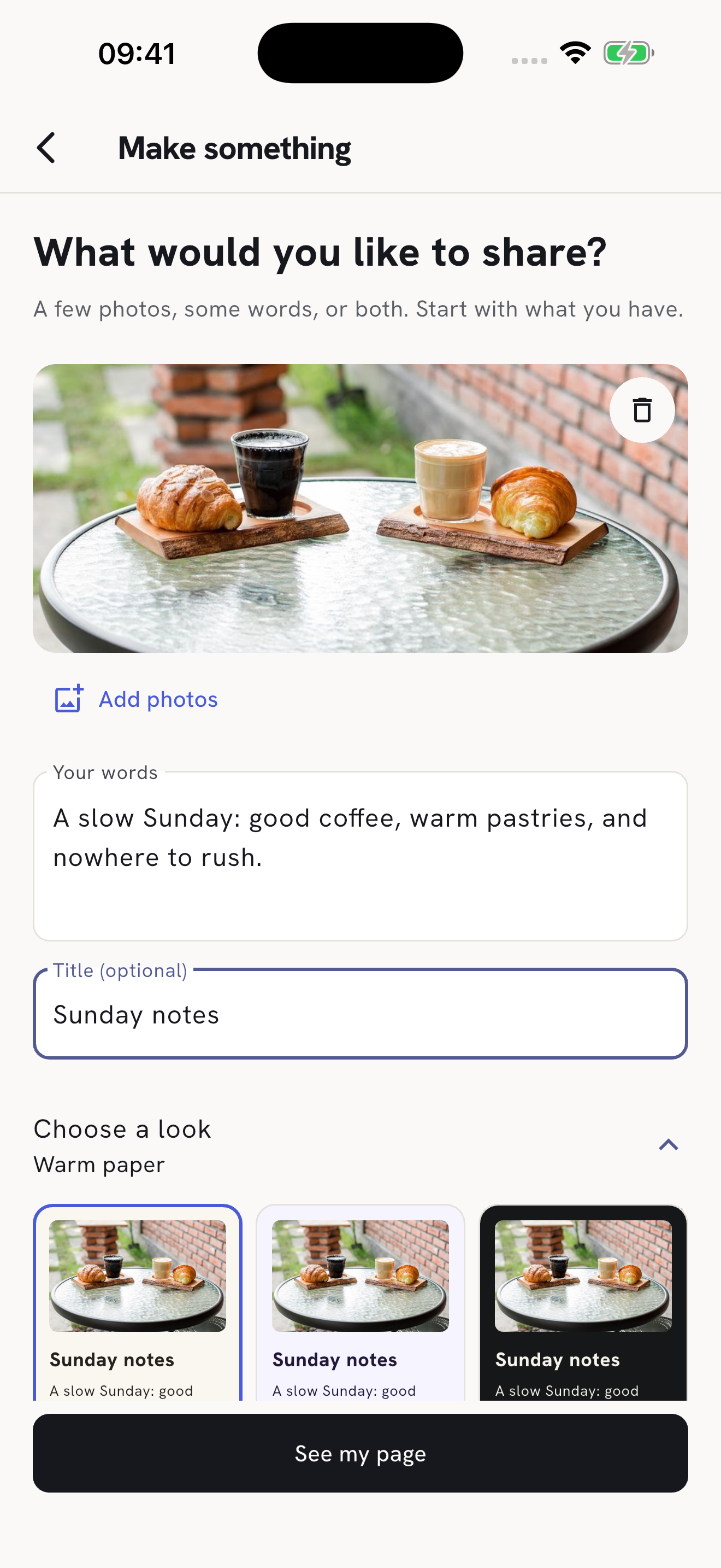 The real app’s Choose a look control with three page previews