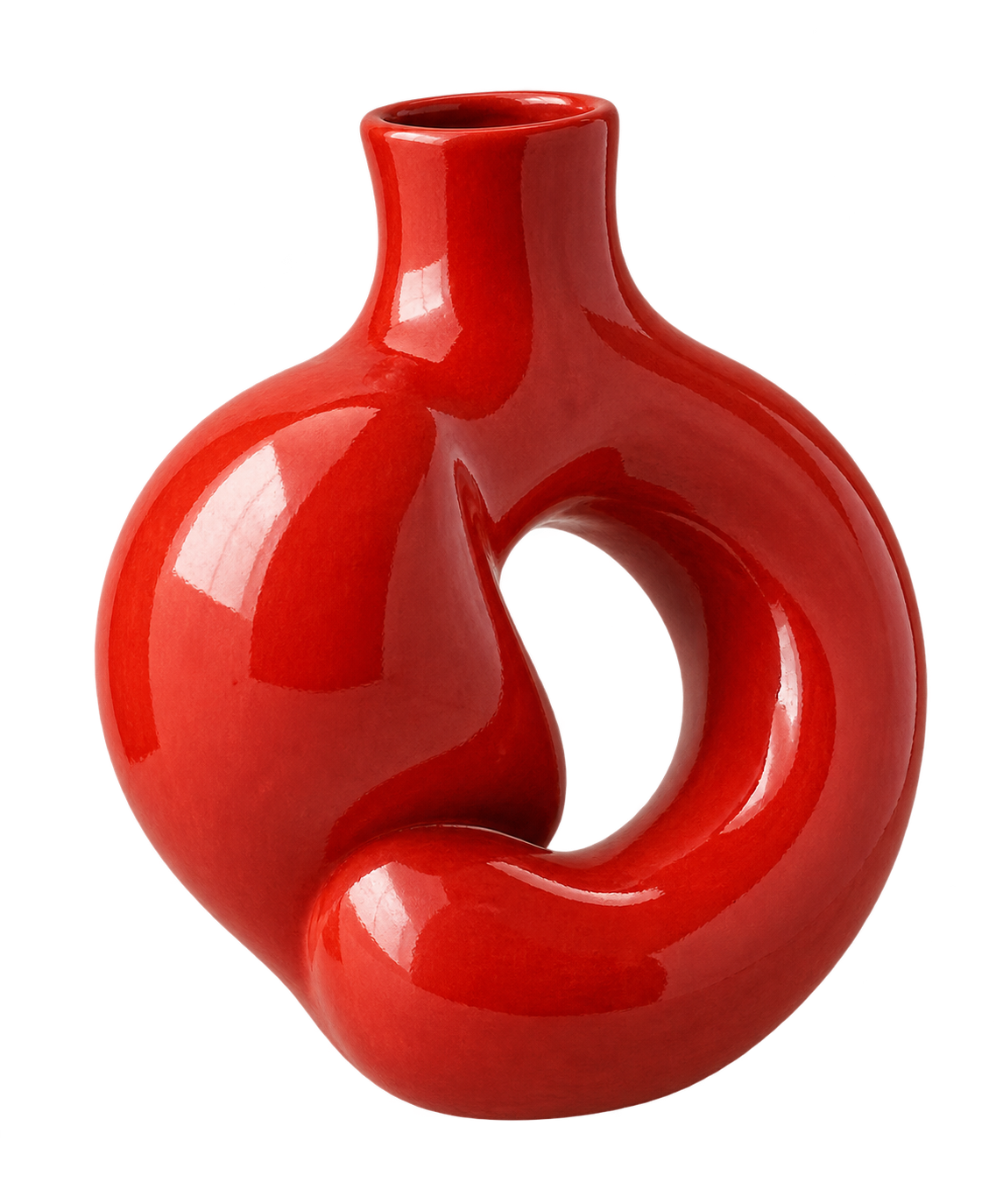 A sculptural red ceramic vase with an asymmetric loop